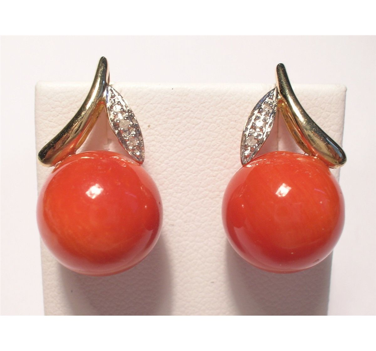 12.1mm Genuine Red Coral Earrings, Diamonds, 14K YG