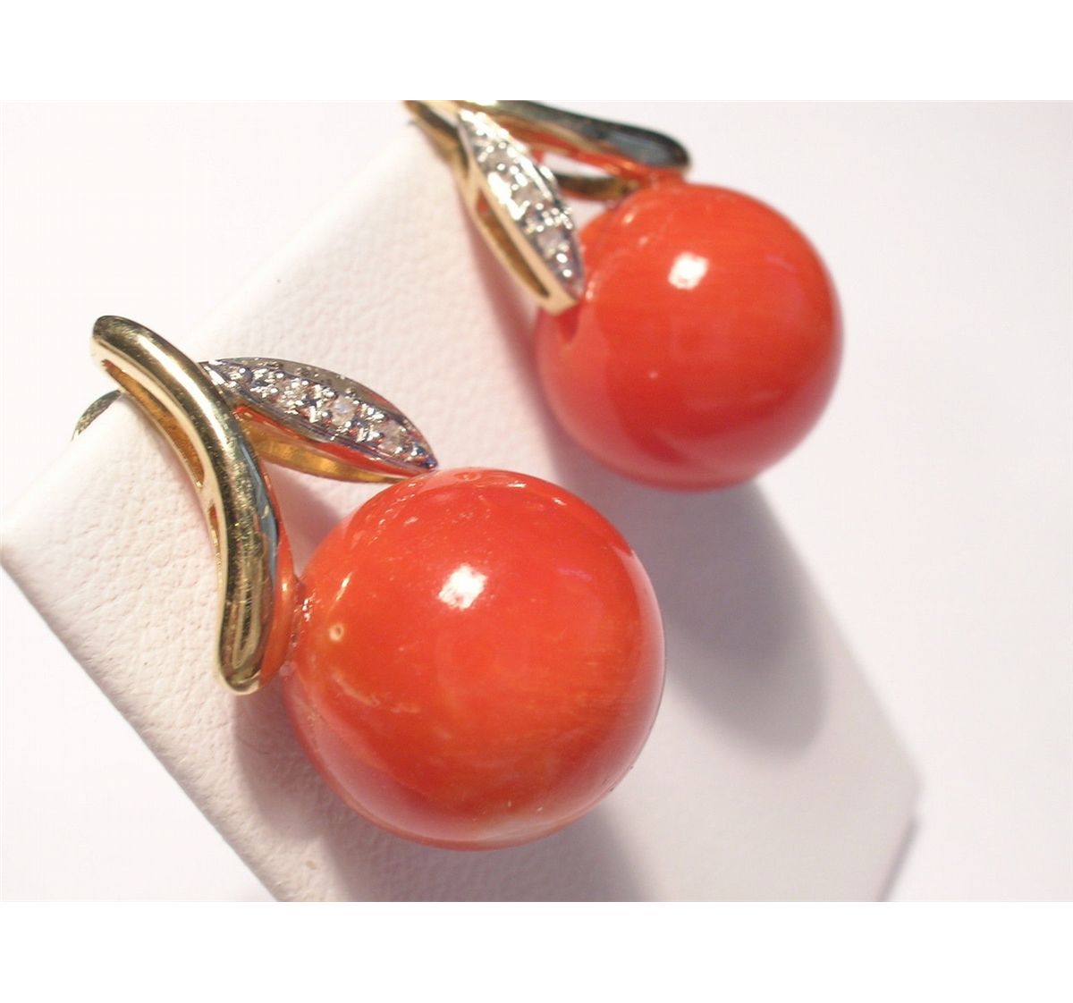 12.1mm Genuine Red Coral Earrings, Diamonds, 14K YG