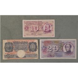 3 Old Bank Notes Bank of England & Switzerland 1969-72