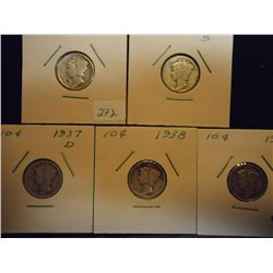 1935,36-S,37-D,38 & 39 MERCURY DIMES