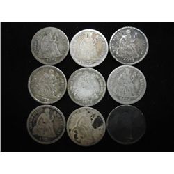 9 ASSORTED 1870'S SEATED LIBERTY DIMES