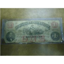 1862 $1 VIRGINIA TREASURY NOTE OBSOLETE BANK NOTE