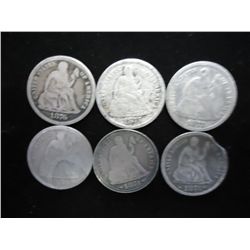 6 ASSORTED 1870'S SEATED LIBERTY DIMES
