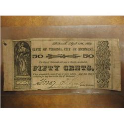 1862 50 CENT RICHMOND VIRGINIA OBSOLETE BANK NOTE