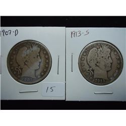 1907-D & 13-S BARBER HALF DOLLARS