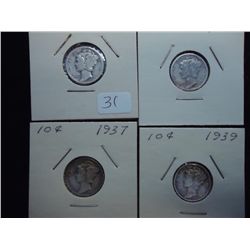 4 ASSORTED 1930'S MERCURY DIMES