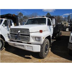 1985 FORD F SERIES S/A FLATBED DUMP TRUCK, S/N 1FDNF7075FVA28362, GAS ENG, 5 SPD TRANS, 14' FLATBED 