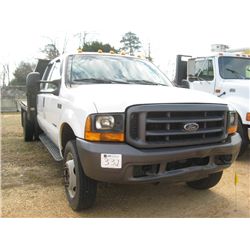 2000 FORD F550 S/A FLATBED, S/N 1FDAW56F5YEC95554, FORD DIESEL ENG, A/T, CREW CAB, 10' FLATBED BODY,