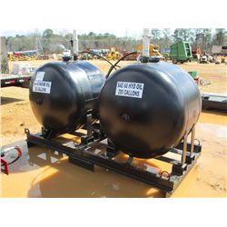 SET OF 200 GALLON ENGINE & HYDRAULIC OIL DRUMS W/AIR PUMP, HOSES & REELS, SKID MTD