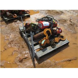 1 LOT MISC SIZE OVERHEAD TROLLY CRANE & CHAIN FALLS, COME-A-LONG