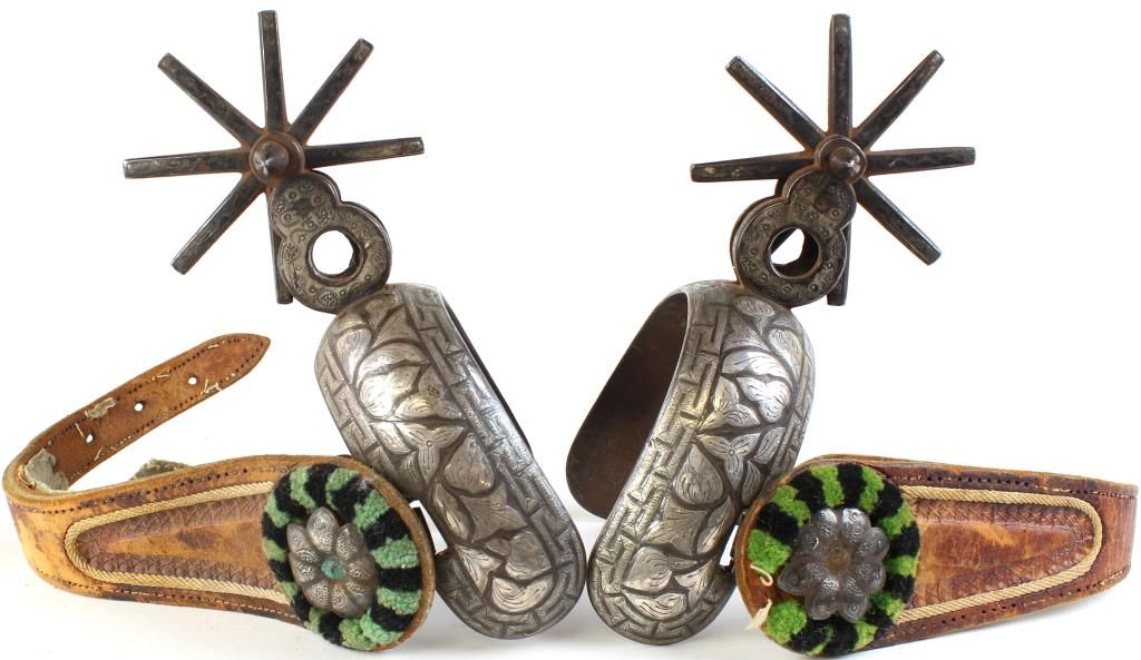 Large ornate pair heavy Mexican spurs