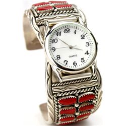Zuni watch band in sterling silver and red coral,