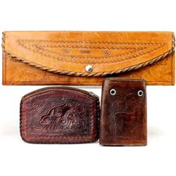Vintage tooled leather shaving box 9 X 6 X 3"