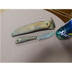 KNIFE & LEATHER SHEATH - KNIFE MADE IN CANADA - SHEATH NEEDS SOME REPAIR