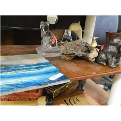 SHELF LOT - WHALES ON DRIFT WOOD, PAINTING ON MARBLE & CATS