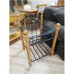 END TABLE - PINE & WROUGHT IRON WITH GLASS TOP - NEW