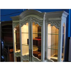 FRENCH PROVINCIAL BLEACHED OAK BEVELLED GLASS FRONT LIGHTED CHINA CABINET