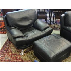BLACK LEATHER CONTEMPORARY BLACK LEATHER CHAIR WITH MATCHING FOOT STOOL
