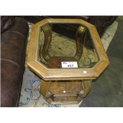 PAIR OF GLASS TOP OAK END TABLES