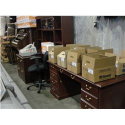 5 PIECE OFFICE DESK SET, DOUBLE PEDESTAL DESK, CREDENZA WITH HUTCH, 2 DRAWER FILING CABINET AND