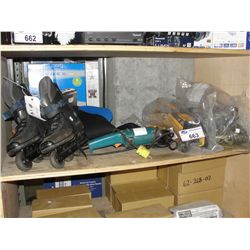 SHELF LOT OF MISC AND TOOLS; WET SUIT, GRINDER, FLOOR JACKS, ETC