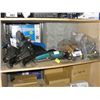 Image 1 : SHELF LOT OF MISC AND TOOLS; WET SUIT, GRINDER, FLOOR JACKS, ETC