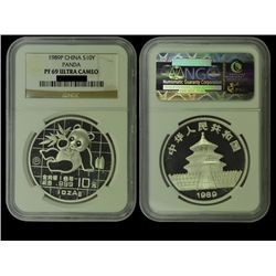 CHINA 1989P Panda 10 Yuan 1 Oz Silver Proof, NGC PF69 ULTRA CAMEO