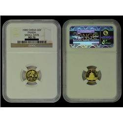 CHINA 1989 Panda 5 Yuan 1/20 Oz Gold, NGC MS70