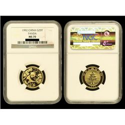 CHINA 1992 Panda 25 Yuan 1/4 Oz Gold, NGC MS70