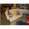 Image 1 : UPHOLSTERED LOVE SEAT WITH TEAK WOOD ACCENTS