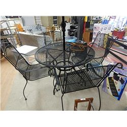 WROUGHT IRON PATIO TABLE & 4 CHAIRS AND UMBRELLA