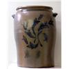 Image 1 : High stoneware crock. Decorated with four stylized tulips on front and cross etching. Note hairl...