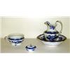 Image 1 : Flow blue chamber set by W.H. Grindley. Perth pattern. Pitcher, bowl, soap dish, and pot. No lid...