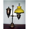 Image 1 : Adjustable brass single student oil lamp. Yellow ribbed shade. Pullman Atwood shade is a reprodu...