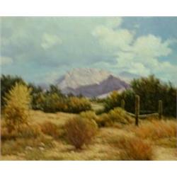 Vic Donahue. Western landscape. Oil on canvas. Signed Vic Donahue in lower right. Framed. 19 1/4...