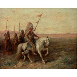 M. Kendall. Indians on horses. Oil on canvas. Signed and framed. 16 3/4" X 20 3/4" $400-600...