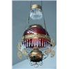 Image 1 : Cranberry hanging lamp. Hobnail and thumbprint design in unusual ornate and jeweled brass frame....