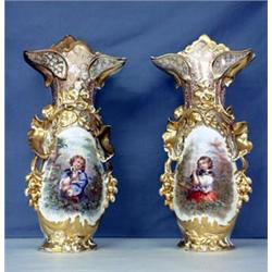 Pair of large Old Paris portrait vases. Girl with puppy and boy with dog. Note condition. 24" ta...