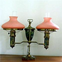 Brass double student lamp with ten tam-o-shanter pink shades. Hexagon base. Electrified. $800-12...