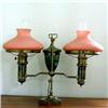 Image 1 : Brass double student lamp with ten tam-o-shanter pink shades. Hexagon base. Electrified. $800-12...