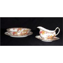 Royal Crown Derby china, Anesbury pattern. Place settings for eight. Two covered casseroles, cre...