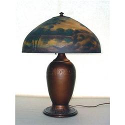 Jefferson reverse painted lamp. No. 2611. Tree and mountain decoration. 18" diameter $3500-4500...