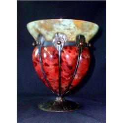 Schneider art glass vase in wrought iron frame. Signed. 8" tall $1200-1500...