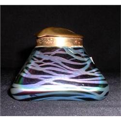 Loetz type inkwell. Purple iridescent with brass lid. No liner. $200-300...