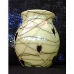 Fenton art glass vase, brown hearts and vines on yellow background. ca 1970. 7 1/2" h. $100-200...