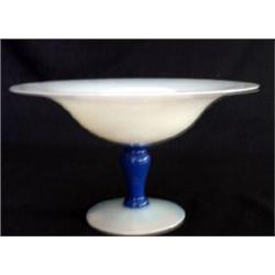 Fry glass compote, white opal bowl and foot with cobalt stem. 9"d. $100-200...