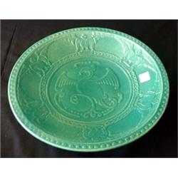 Cowan light green Aztec bird charger, signed. 15"d. $300-400...