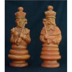 Cowan king and queen decanters. Orange glazed. Designed by Waylande Gregory. $1200-1500...