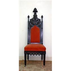 Walnut ebonized Gothic side chair. Velvet upholstered seat and back. Circa 1860. 52 h X 19 w X 2...