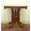 Image 1 : Pink fossil-marble-topped Victorian lamp table. Eastlake style with burl panels and decorative t...